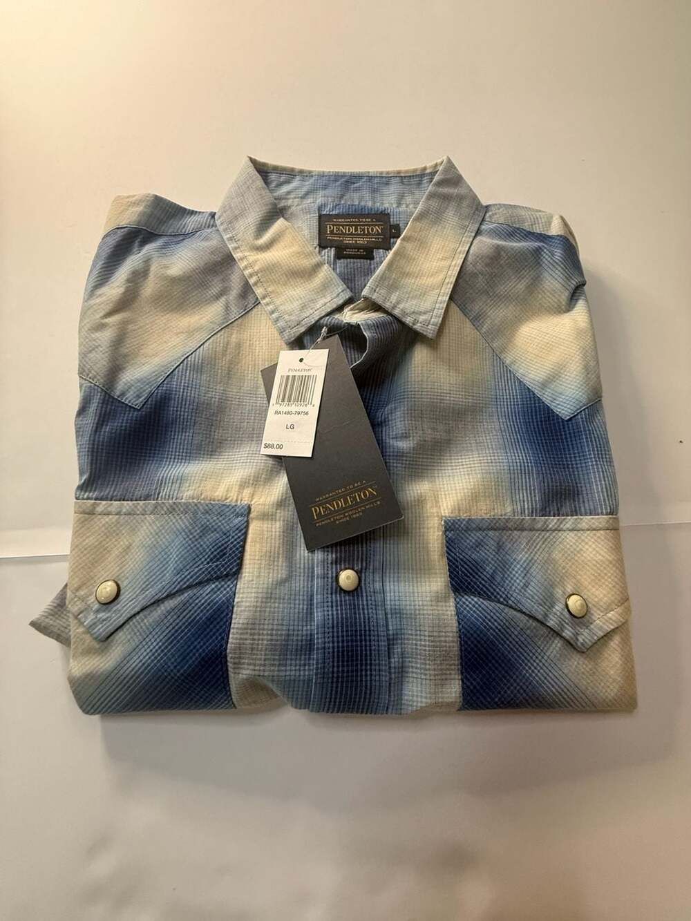 Pendleton Frontier Summer Shirt Size LG Ivory Blue Plaid Short Sleeve